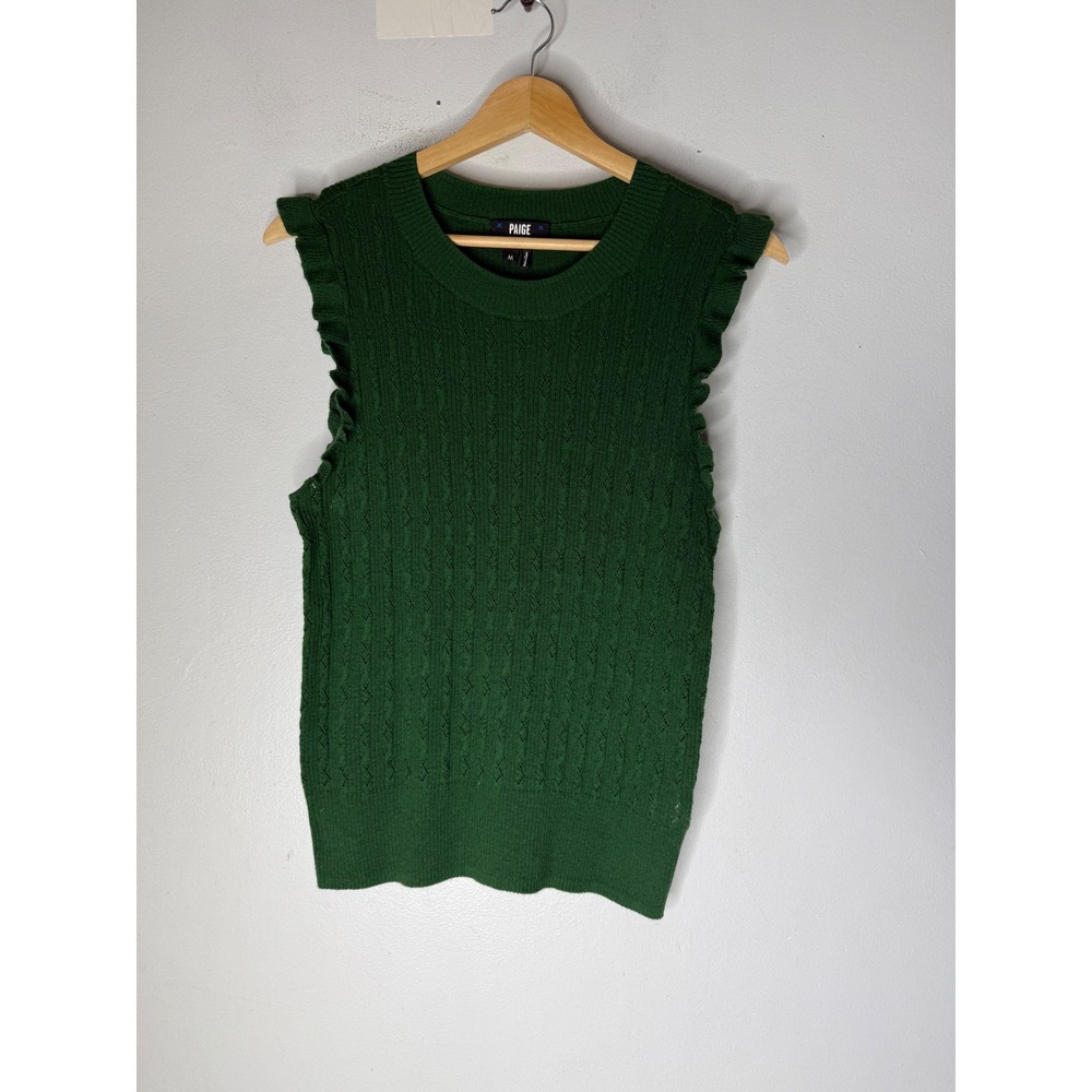 Paige Women Green Ruffle Sleeve Cable Knit Sweater Vest Crew Neck Size M